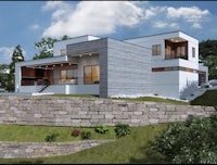 a 3d rendering of a modern house on a hillside