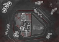 a black and white drawing of a house with trees on it