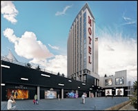 a rendering of a hotel with people walking in front of it
