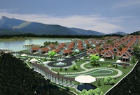 a 3d rendering of a residential area near a lake